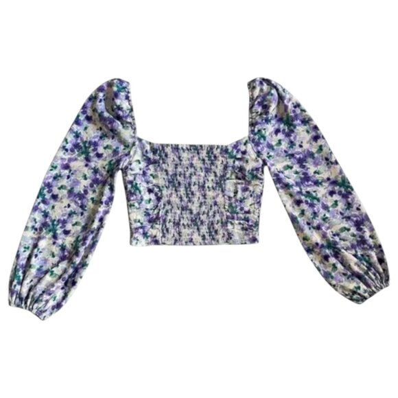 NWT ASTR The Label Blue Purple Floral Puff Sleeve Blouse XS Romantic Corset - Picture 5 of 10